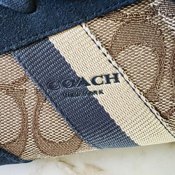 COACH Kelson Khaki Beige Midnight Navy Signature Jacquard Suede Sneakers - US 8 - Picture 4 of 8